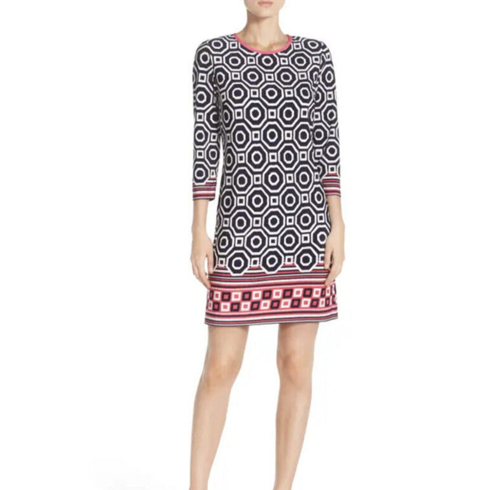 Eliza J Women's Size 8 Shift Sheath Dress Geometric Print Lined Black White Pink